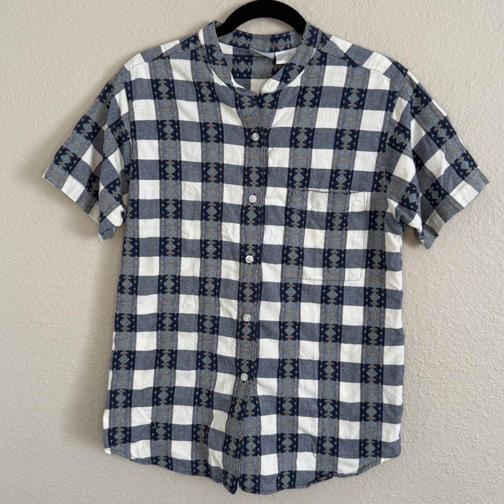 Vintage Womens Medium Blue Plaid Cotton Southwestern Camp Shirt Boho Indie Retro